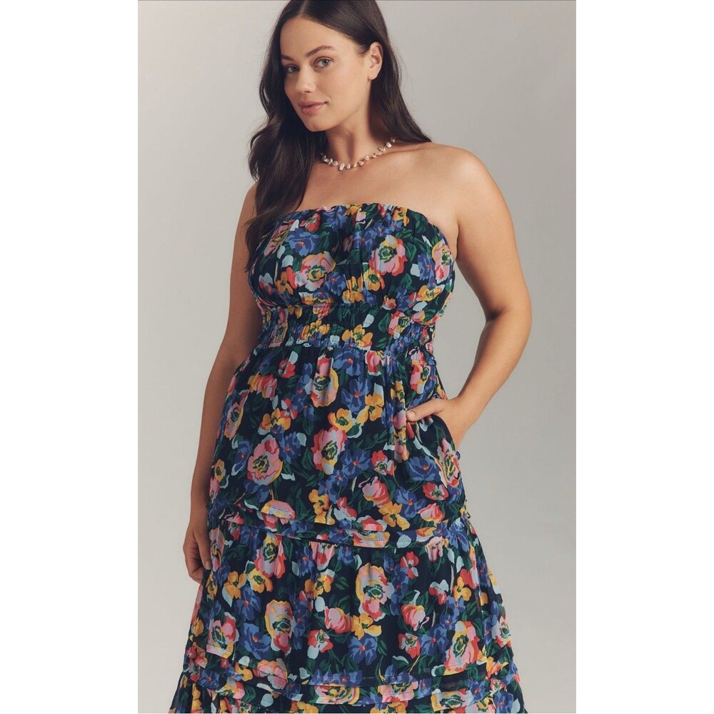 Anthropologie Maxi Dress Blue Floral Somerset Strapless Preppy Vacay Large NWT - Picture 5 of 12